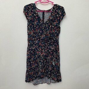 J. Crew Navy Blue, Red Floral Print Faux Wrap Zip Back Dress Size 8 Preppy